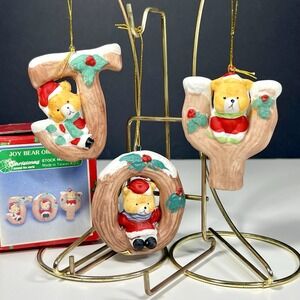 VTG Christmas Around The World JOY Teddy Bears Letter Ornaments Set of 3‎ w/Box